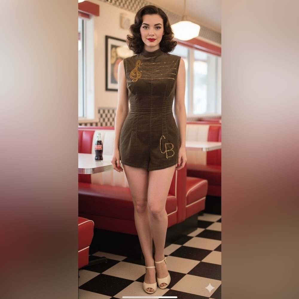 50s Corduroy Brown Jumpsuit with Gold Accents